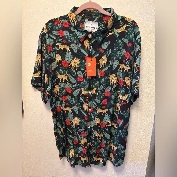 NWT Men’s Youngla Safari Button down Short sleeve casual dress shirt XXL Cheetah - Picture 1 of 4